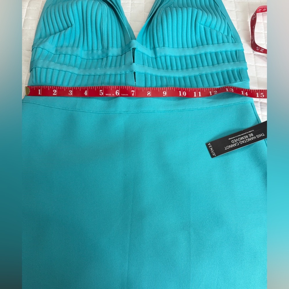 VENUS Turquoise Deep-V Backless Ribbed Sheath Dress - Picture 10 of 13
